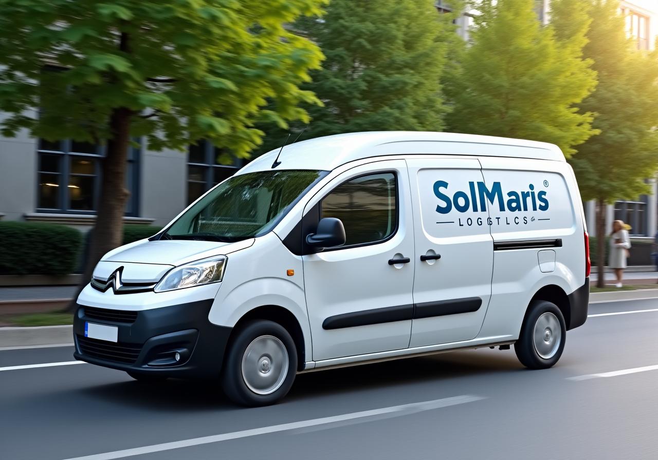 Furgoneta de reparto eléctrica de SolMaris en un entorno urbano verde